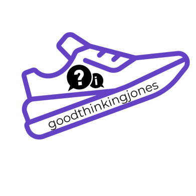 A purple-outlined trainer logo containing two black speech bubbles with a question mark and an 'i' icon. The text 'goodthinkingjones' is written in black along the side of the shoe